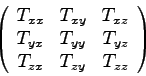 \begin{displaymath}\left( \begin{array}{ccc}
T_{xx} & T_{xy} & T_{xz} \cr
T_{y . . . 
 . . .  T_{yz} \cr
T_{zx} & T_{zy} & T_{zz} \cr
\end{array} \right) \end{displaymath}