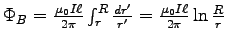 $\Phi_B = {\muz I \ell \over 2\pi} \int_r^R {dr^\prime \over r^\prime}
= {\muz I \ell \over 2\pi}\ln{R \over r}$
