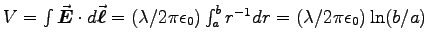 $V = \int \Vec{E}\cdot d\Vec{\ell}
= (\lambda/2\pi\epsz) \int_a^b r^{-1} dr = (\lambda/2\pi\epsz)\ln(b/a)$