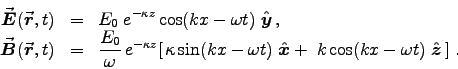 \begin{eqnarray*}
\Vec{E}(\Vec{r},t) &=& E_0 \; e^{-\kappa z}
\cos (kx - \ome . . . 
 . . . t) \; \Hat{x}
+ \; k \cos (kx - \omega t) \; \Hat{z} \, ] \; .
\end{eqnarray*}