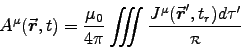\begin{displaymath}
A^\mu(\Vec{r},t) = {\muz\over4\pi}\VolInt
{J^\mu(\Vec{r}^\prime,t_r) d\tau^\prime \over \rr}
\end{displaymath}