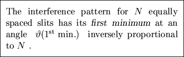 \fbox{ \parbox{3.0in}{~\\
The interference pattern for $N$\space equally space . . . 
 . . .  \hbox{\rm ~min.})$ ~inversely proportional to $N$ .
\\ [-0.5\baselineskip]} }